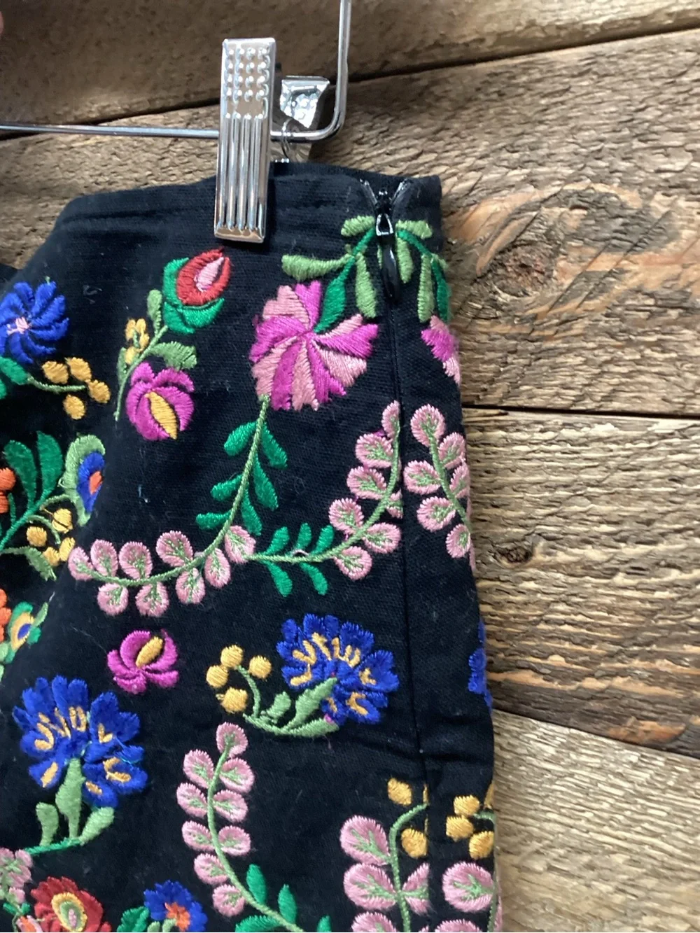 Zara Black Mini Skirt with Multicolor Floral Embroidery